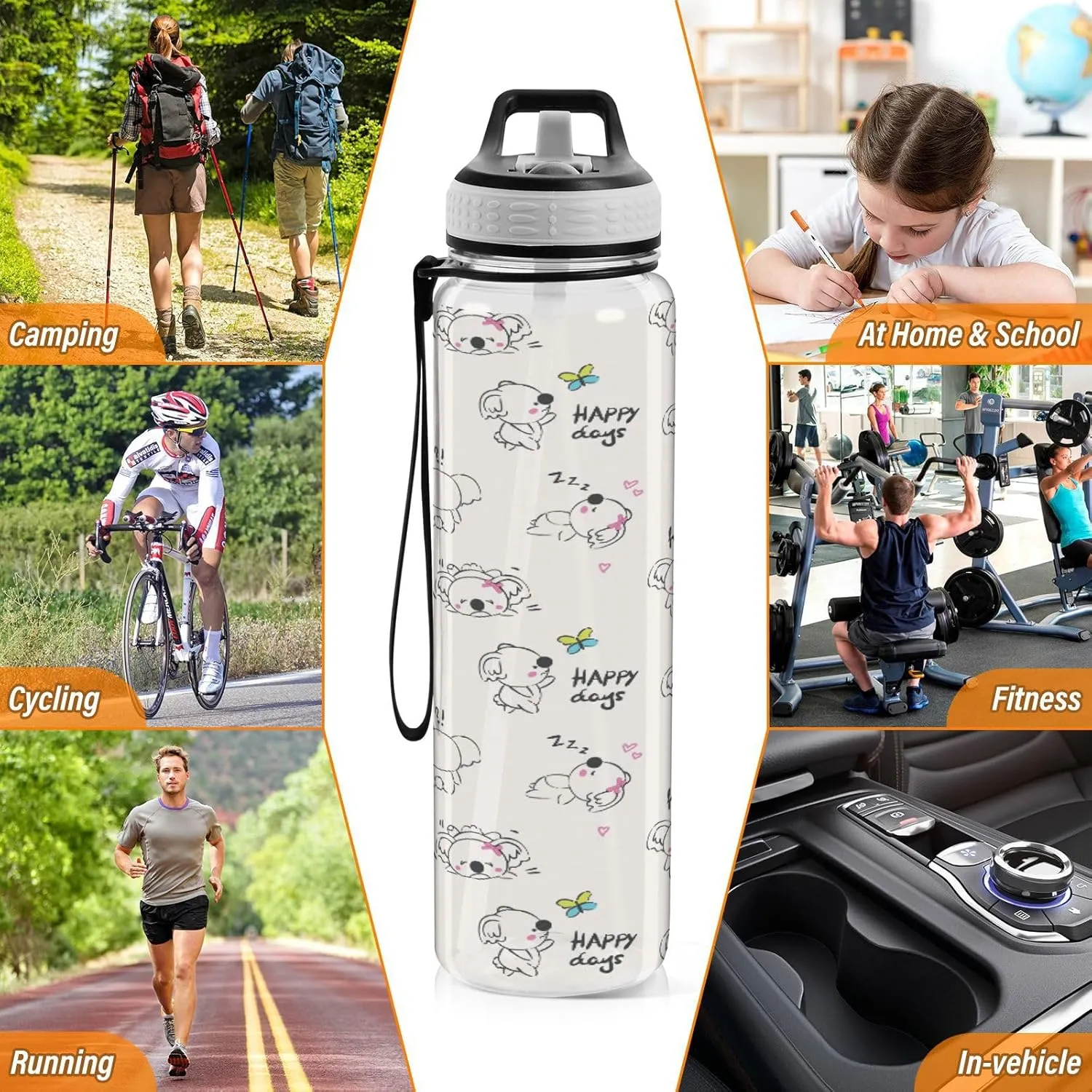 Fustylead Cute Koala Bear 32oz BPA Free Water Bottle, Leak-proof Bottle with Carrying Strap, Clear Sports Bottle for Running Cycling Camping