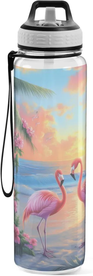 Fustylead Elegant Flamingos Standing on Beautiful Beach 32 oz BPA-Free Water Bottle with Straw, Leak-Proof Sport Bottle for Fitness, Gym, Camping, Outdoor Sports