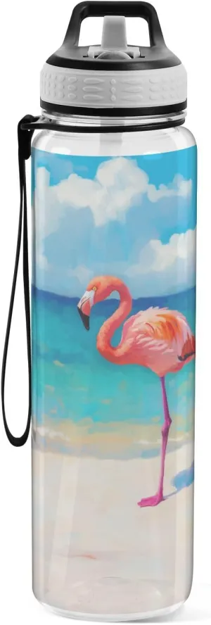 Fustylead Pink Flamingo on Beach Oil Painting 32oz BPA Free Water Bottle, Leak-proof Bottle with Carrying Strap, Clear Sports Bottle for Running Cycling Camping