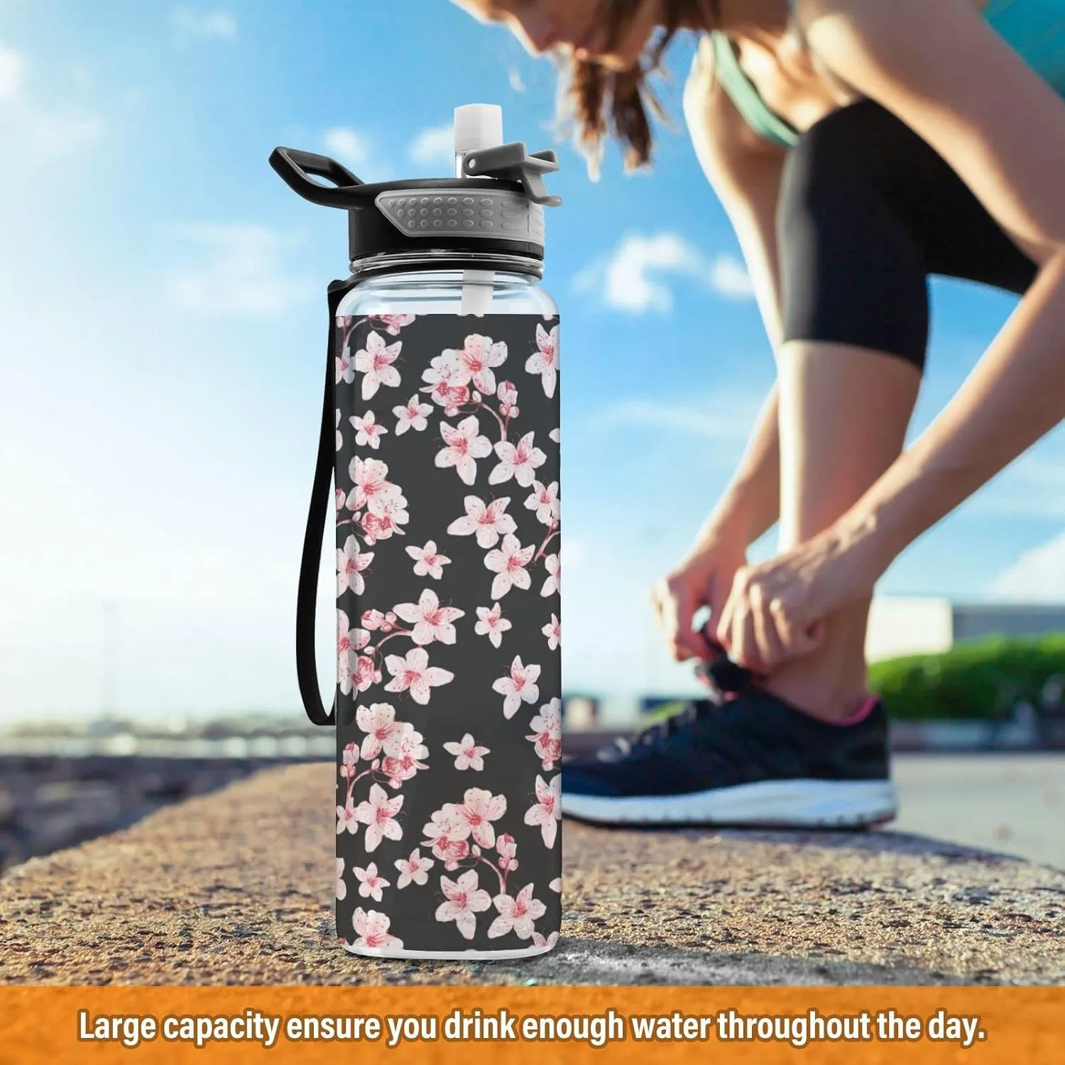 Fustylead Pink Flowers 32 oz Water Bottle with Straw, Leakproof Clear Sport Bottles for Women Men Outdoor Sport Drinking