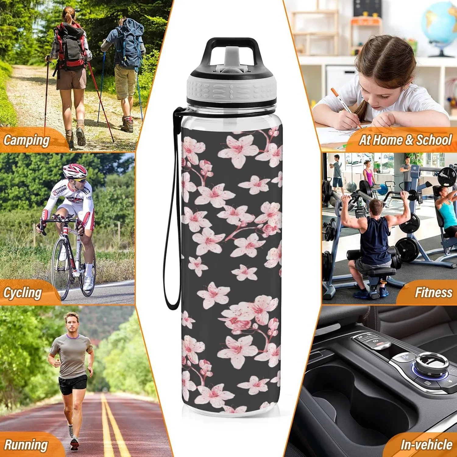 Fustylead Pink Flowers 32 oz Water Bottle with Straw, Leakproof Clear Sport Bottles for Women Men Outdoor Sport Drinking