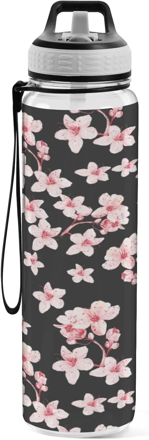 Fustylead Pink Flowers 32 oz Water Bottle with Straw, Leakproof Clear Sport Bottles for Women Men Outdoor Sport Drinking