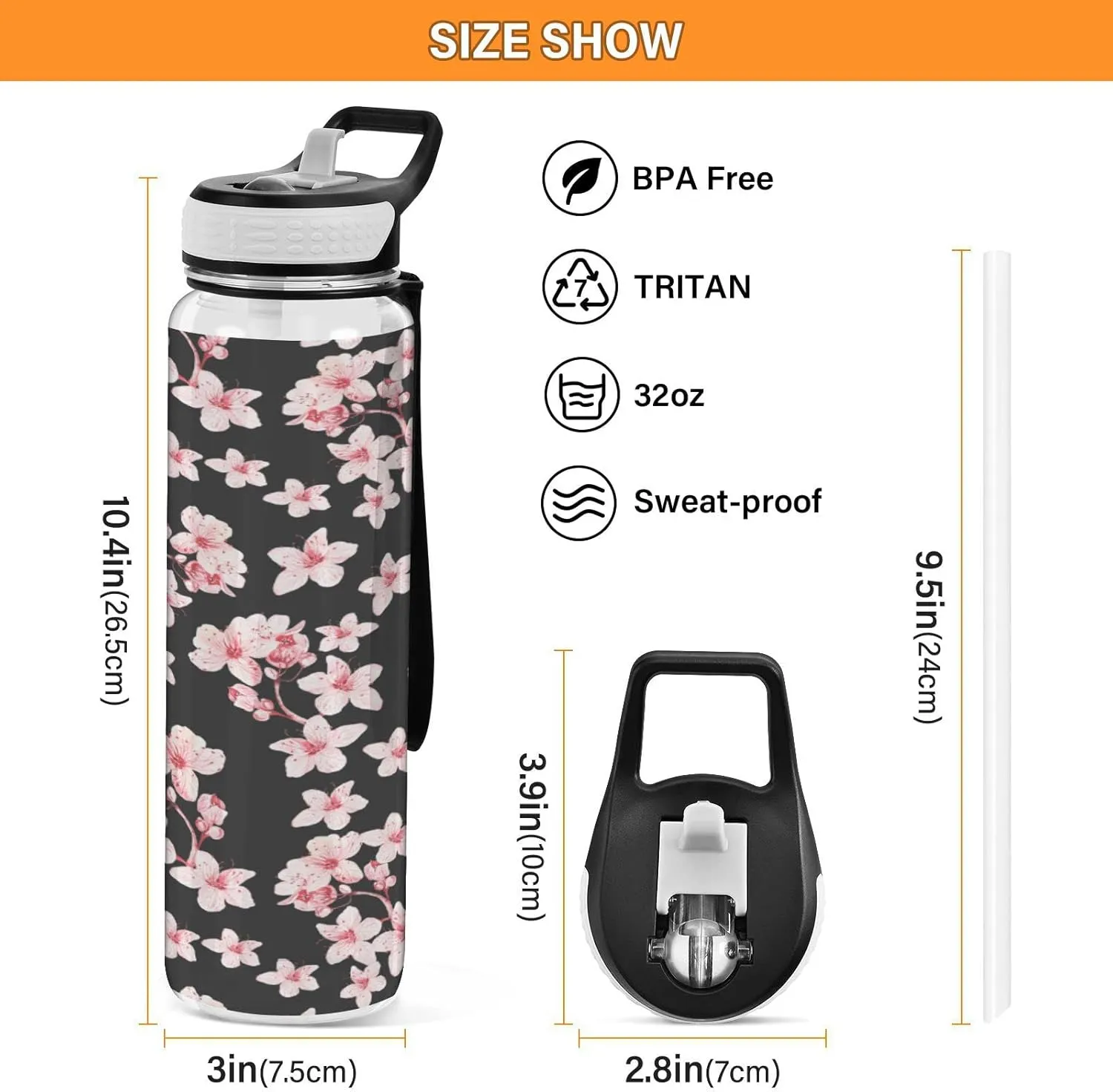 Fustylead Pink Flowers 32 oz Water Bottle with Straw, Leakproof Clear Sport Bottles for Women Men Outdoor Sport Drinking