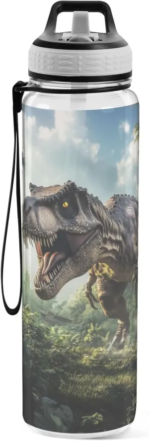 Fustylead T-rex Patrolling Through Woodland Jungle 32oz Water Bottle with Straw, Leakproof Clear Sport Water Bottles for Gym Camping Hiking Travel