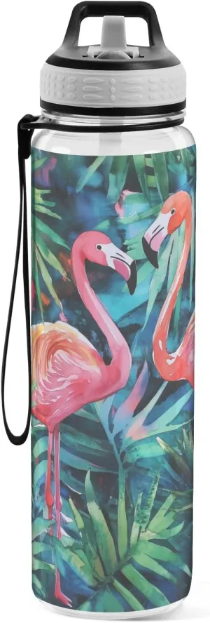 Fustylead Watercolor Pink Flamingos in Jungle 32oz BPA Free Water Bottle, Leak-proof Bottle with Carrying Strap, Clear Sports Bottle for Running Cycling Camping