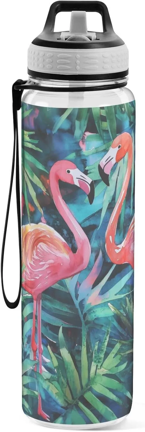 Fustylead Watercolor Pink Flamingos in Jungle 32oz BPA Free Water Bottle, Leak-proof Bottle with Carrying Strap, Clear Sports Bottle for Running Cycling Camping