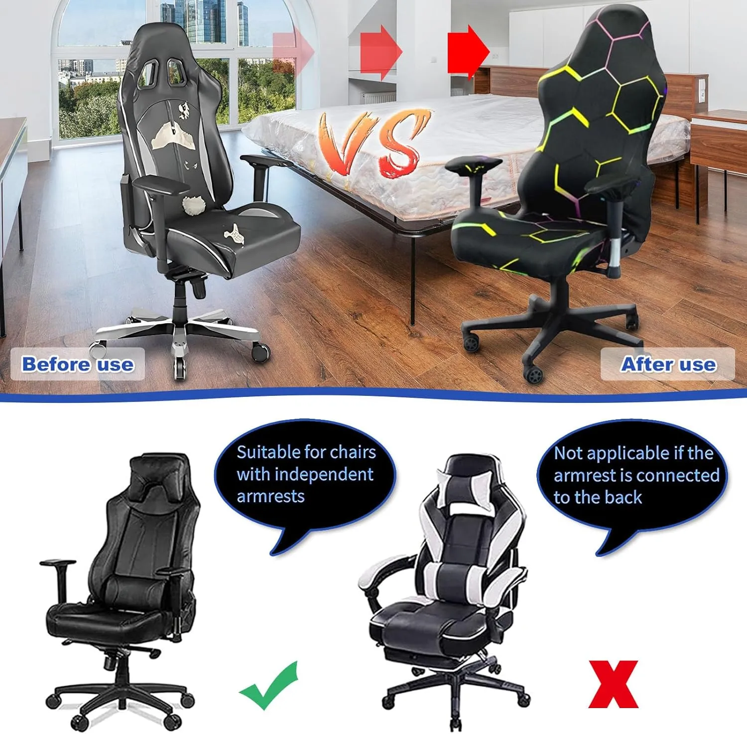 Gaming Chair Covers Slipcovers, 3D Printing Stretchable Elastic Computer Reclining Gaming Chair Seat Cover with Armrest Cover (No Chairs)(M)