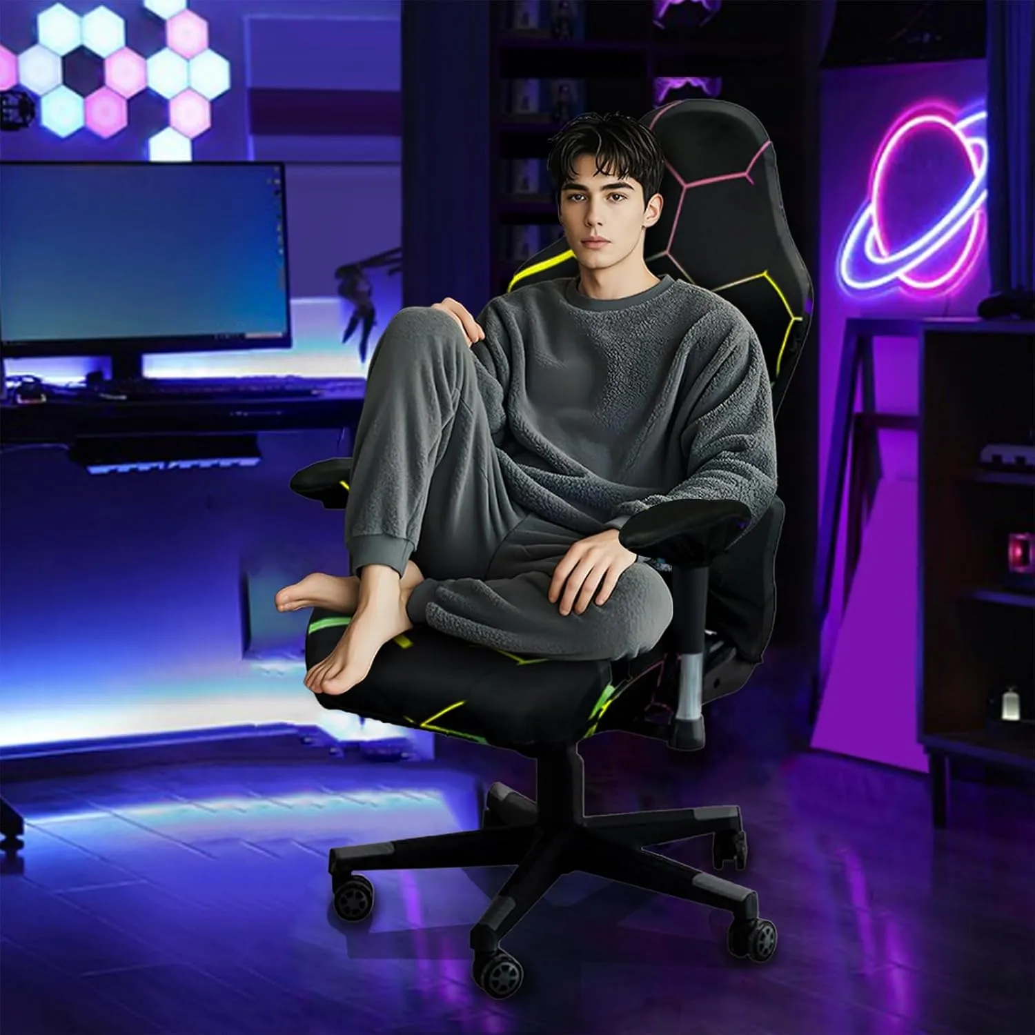 Gaming Chair Covers Slipcovers, 3D Printing Stretchable Elastic Computer Reclining Gaming Chair Seat Cover with Armrest Cover (No Chairs)(M)