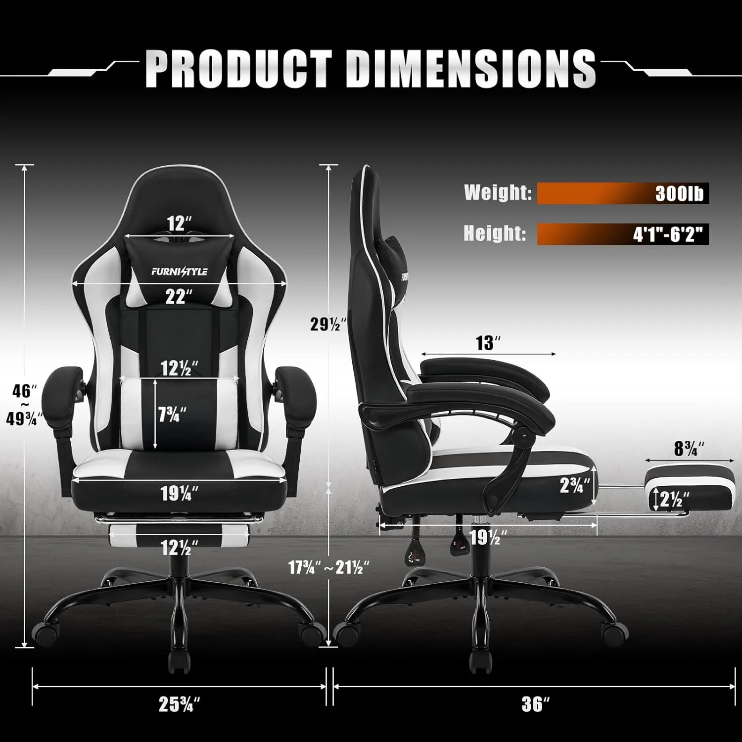 Gaming Chair with Footrest, Reclining Video Game Chairs for Adults with Lumbar Support, Linkage Armrests, Ergonomic Computer Chair for Gaming or Office, PU Black-White