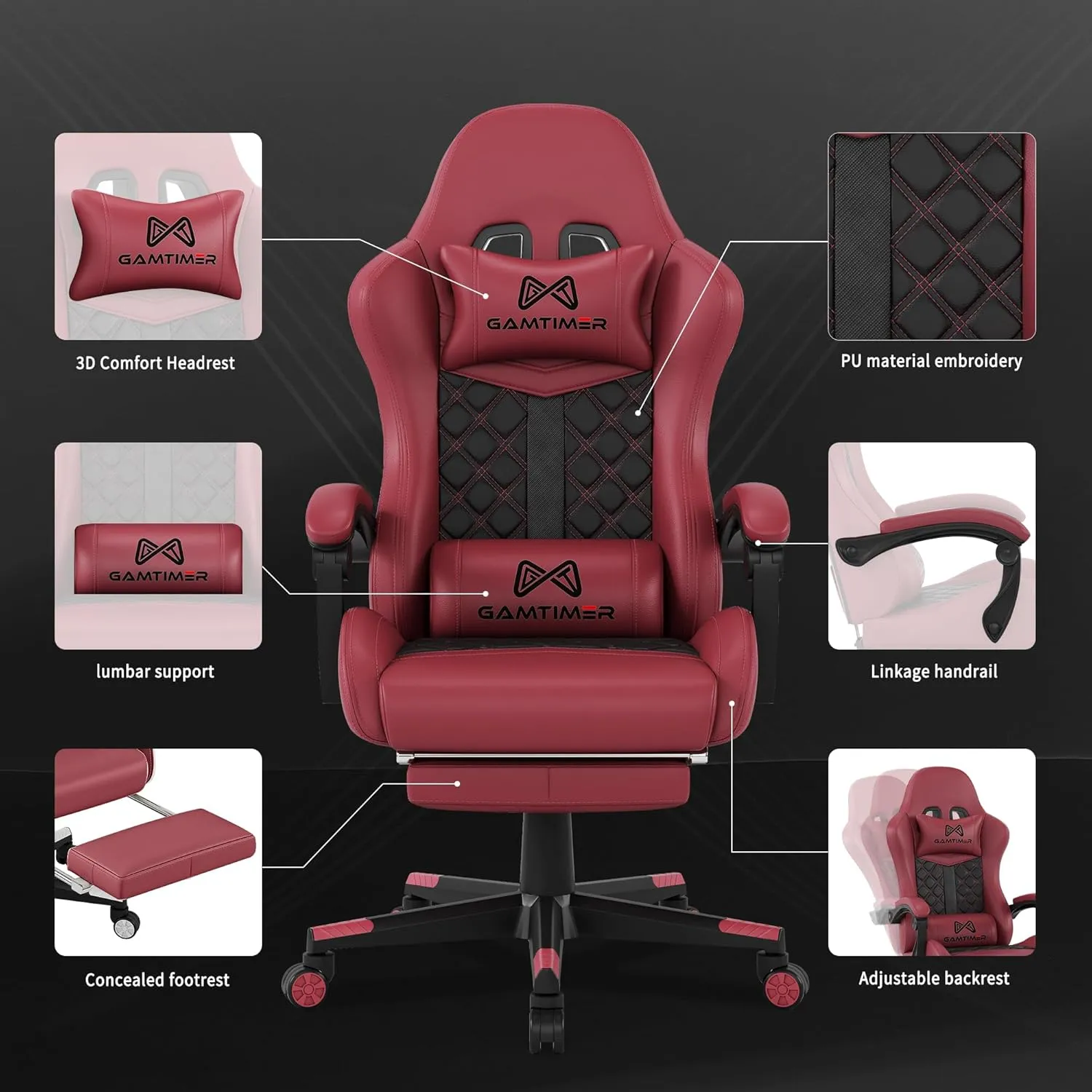 Gaming Chair,Computer Chair with Footrest and Lumbar Support,Breathable PU Leather,4D Lumbar Support and Headrest,360 Degree Swivel Chair with Adjustable Ergonomic Backrest for Adults(Red)