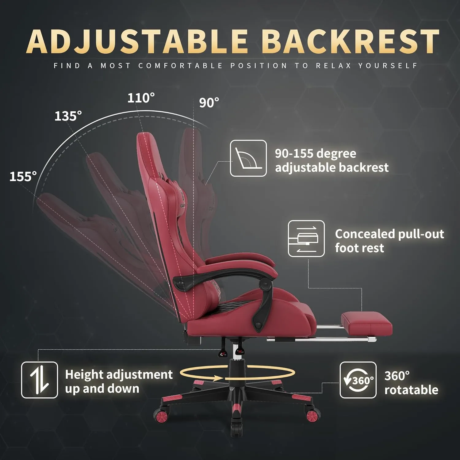 Gaming Chair,Computer Chair with Footrest and Lumbar Support,Breathable PU Leather,4D Lumbar Support and Headrest,360 Degree Swivel Chair with Adjustable Ergonomic Backrest for Adults(Red)