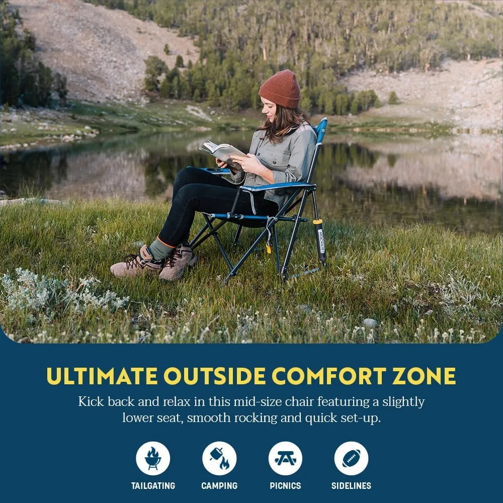 GCI OUTDOOR Kickback Rocker Camping Chair | Portable Folding Rocking Chair with Durable Armrests, Drink Holder & Relaxed Lowered Seat for Comfort — Heathered Royal