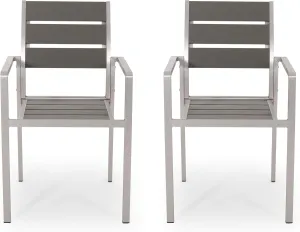 GDFStudio Outdoor Modern Aluminum Dining Chair with Faux Wood Seat (Set of 2), Gray and Silver