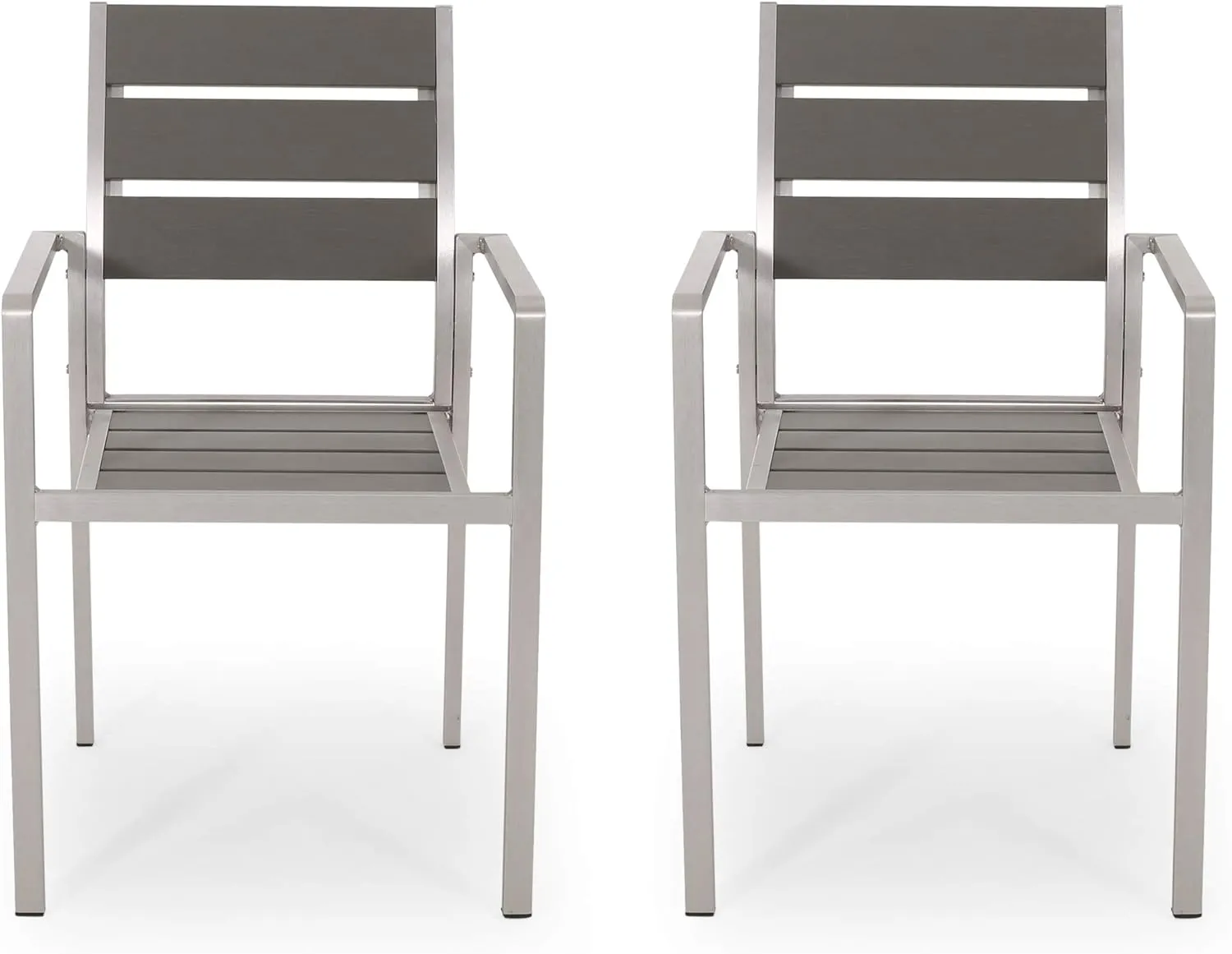 GDFStudio Outdoor Modern Aluminum Dining Chair with Faux Wood Seat (Set of 2), Gray and Silver