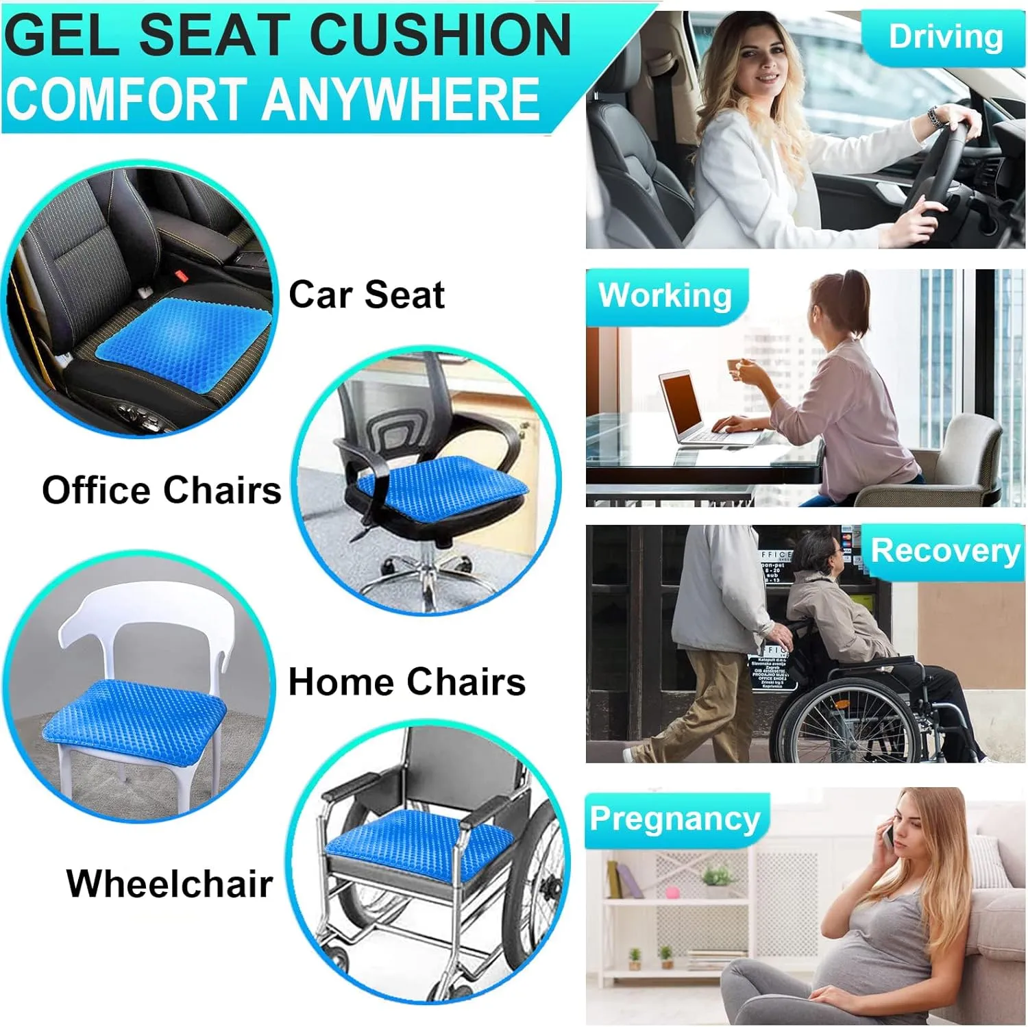Gel Seat Cushion for Long Sitting - 1.65inch Double Thick Cooling Egg Seat Cushion for Back, Hip, Sciatica, Coccyx, Tailbone Pain Relief - Office Chair Car Seat Cushion – Wheelchair Cushions