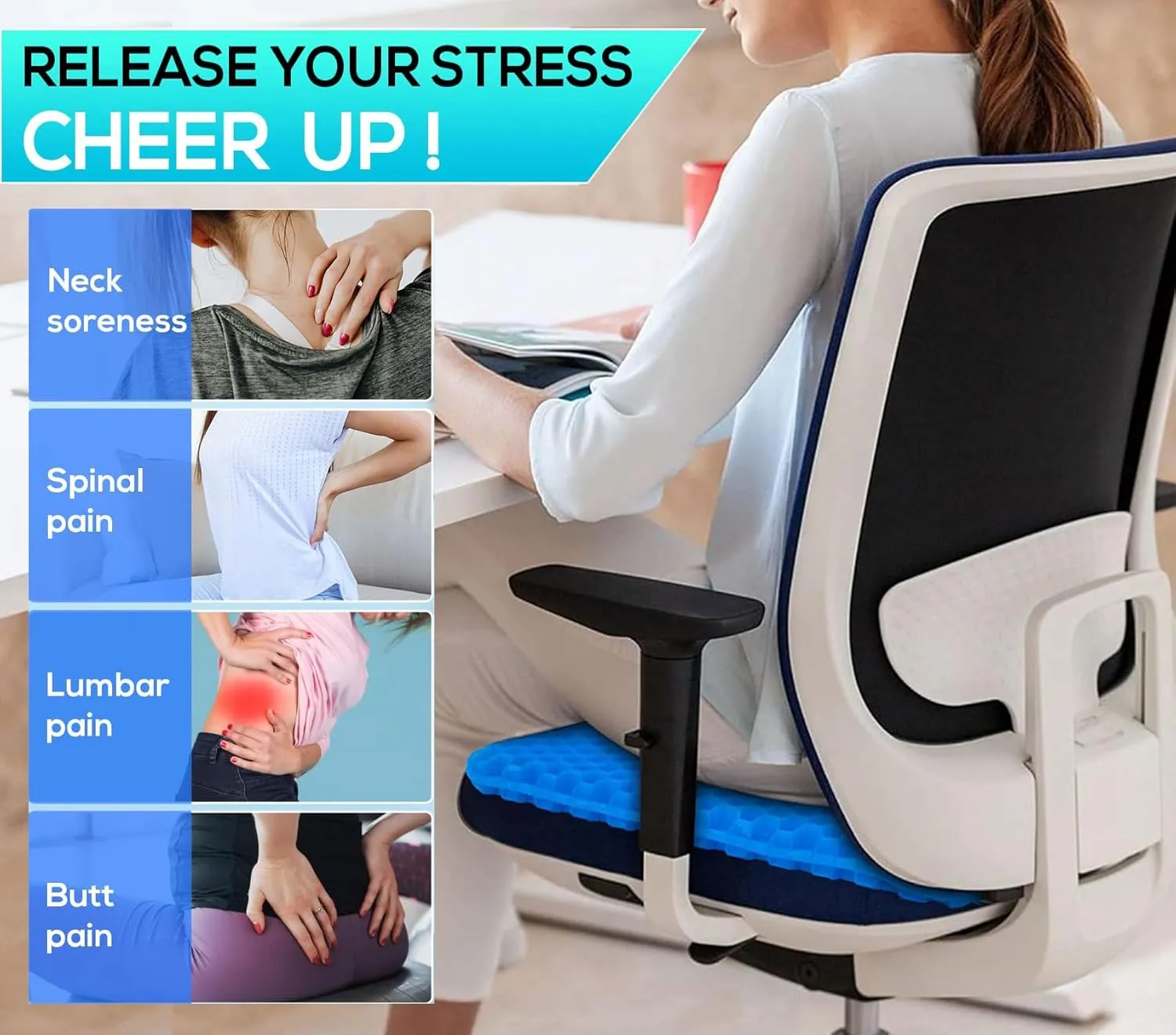 Gel Seat Cushion for Long Sitting - 1.65inch Double Thick Cooling Egg Seat Cushion for Back, Hip, Sciatica, Coccyx, Tailbone Pain Relief - Office Chair Car Seat Cushion – Wheelchair Cushions