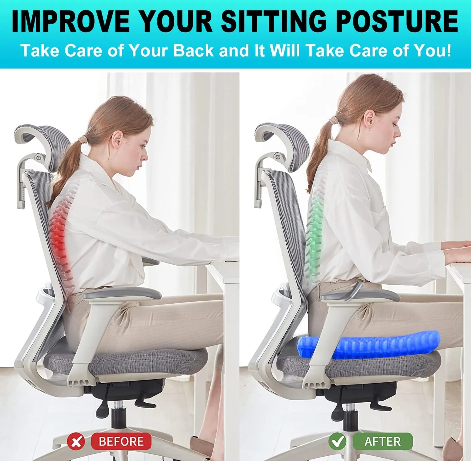 Gel Seat Cushion for Long Sitting - 1.65inch Double Thick Cooling Egg Seat Cushion for Back, Hip, Sciatica, Coccyx, Tailbone Pain Relief - Office Chair Car Seat Cushion – Wheelchair Cushions