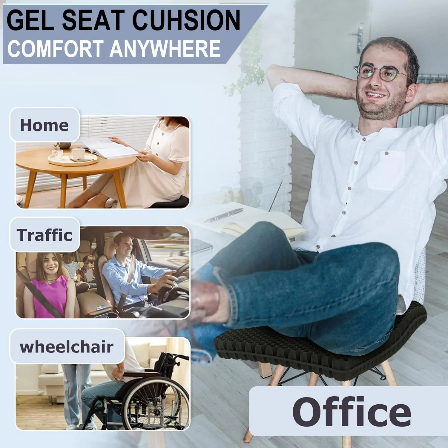 Gel Seat Cushion for Long Sitting Pressure Relief - Non-Slip Gel Chair Cushion for Back, Sciatica, Tailbone Pain Relief - Seat Cushion for Office Desk Chair, Car Seat – Wheelchair Cushions