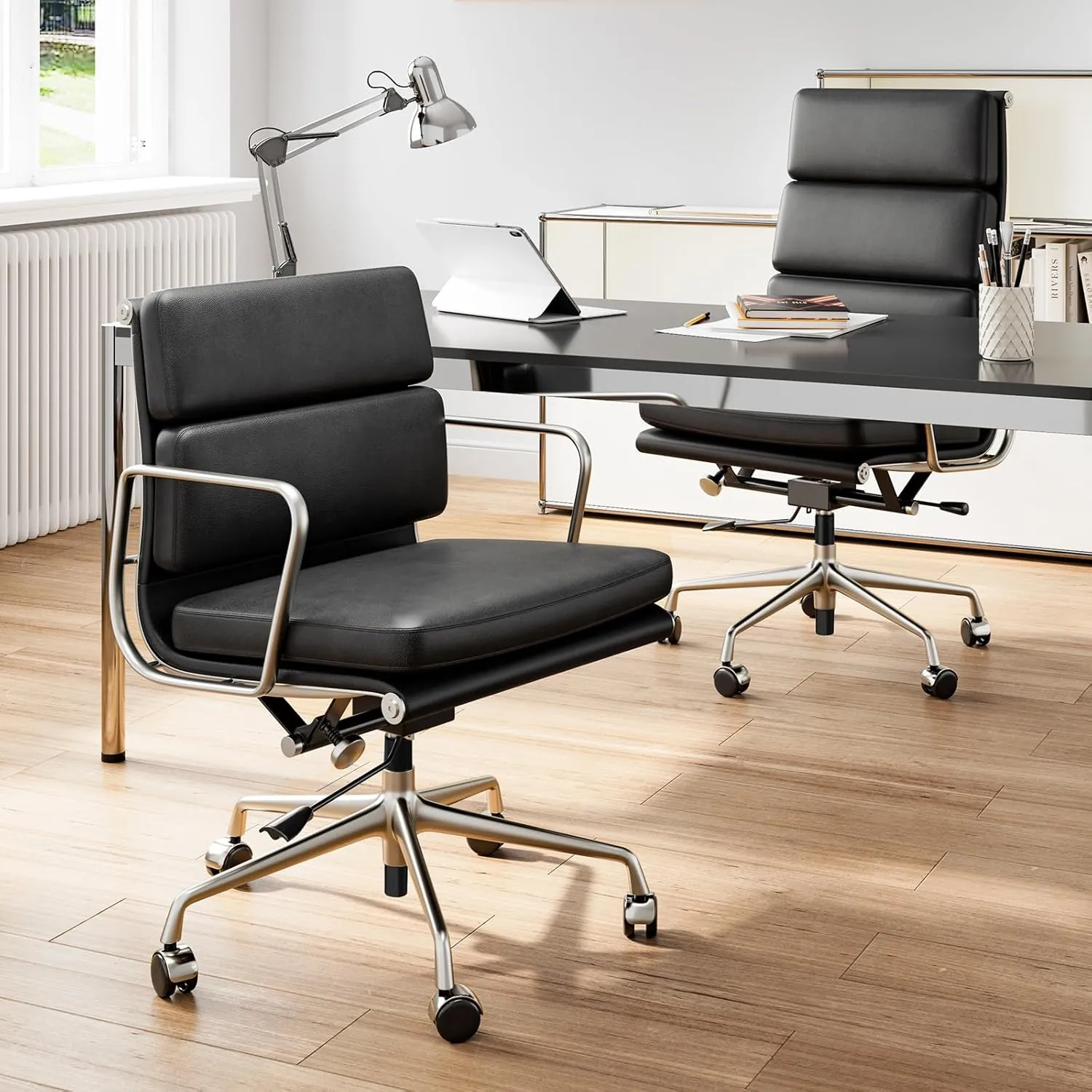 Genuine Leather Office Chair, Padded Executive Desk Chair with Arms and Wheels, Modern Rolling Leather Desk Chairs with Lumbar Support, Ergonomic Computer Chairs with Aluminum Arms and Base