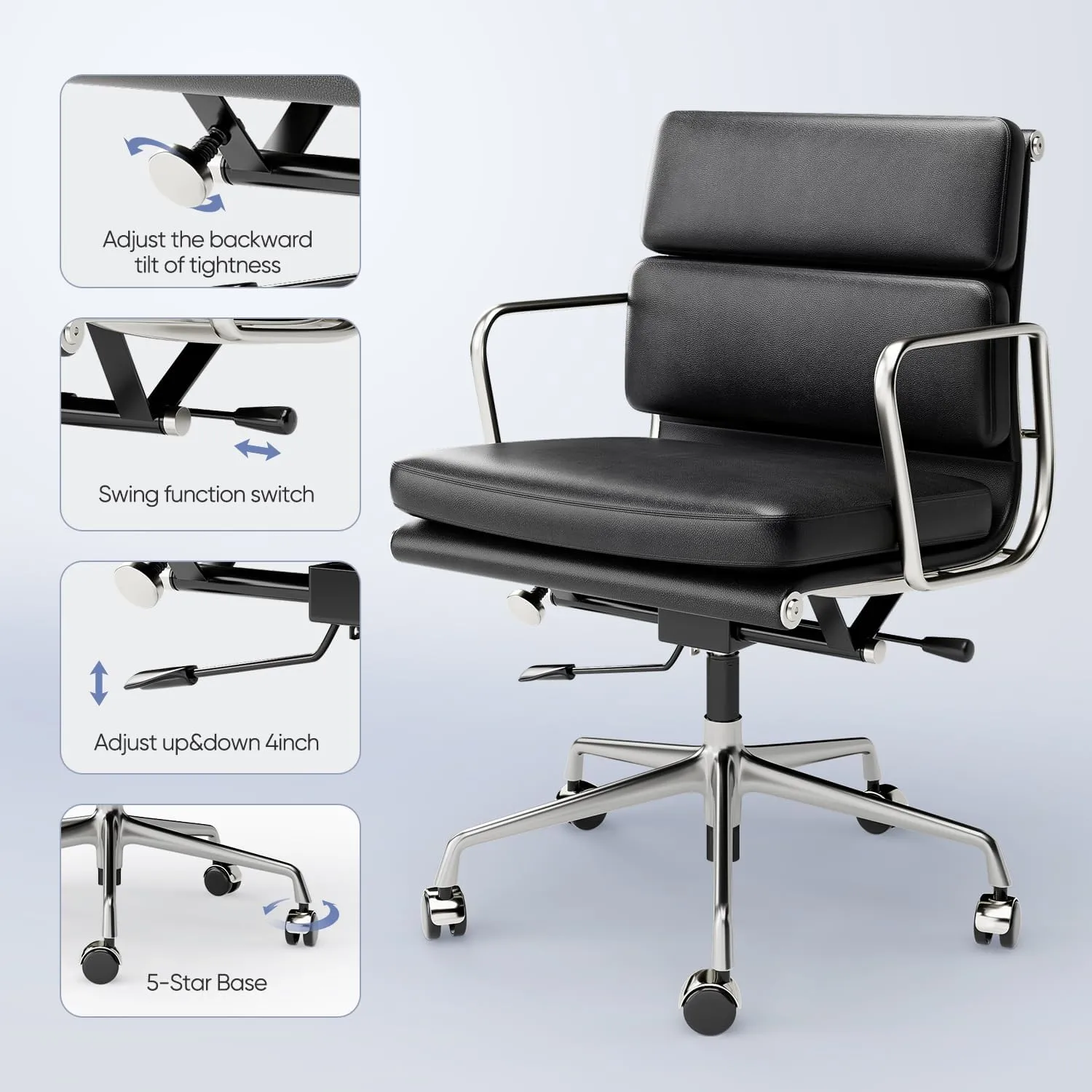 Genuine Leather Office Chair, Padded Executive Desk Chair with Arms and Wheels, Modern Rolling Leather Desk Chairs with Lumbar Support, Ergonomic Computer Chairs with Aluminum Arms and Base