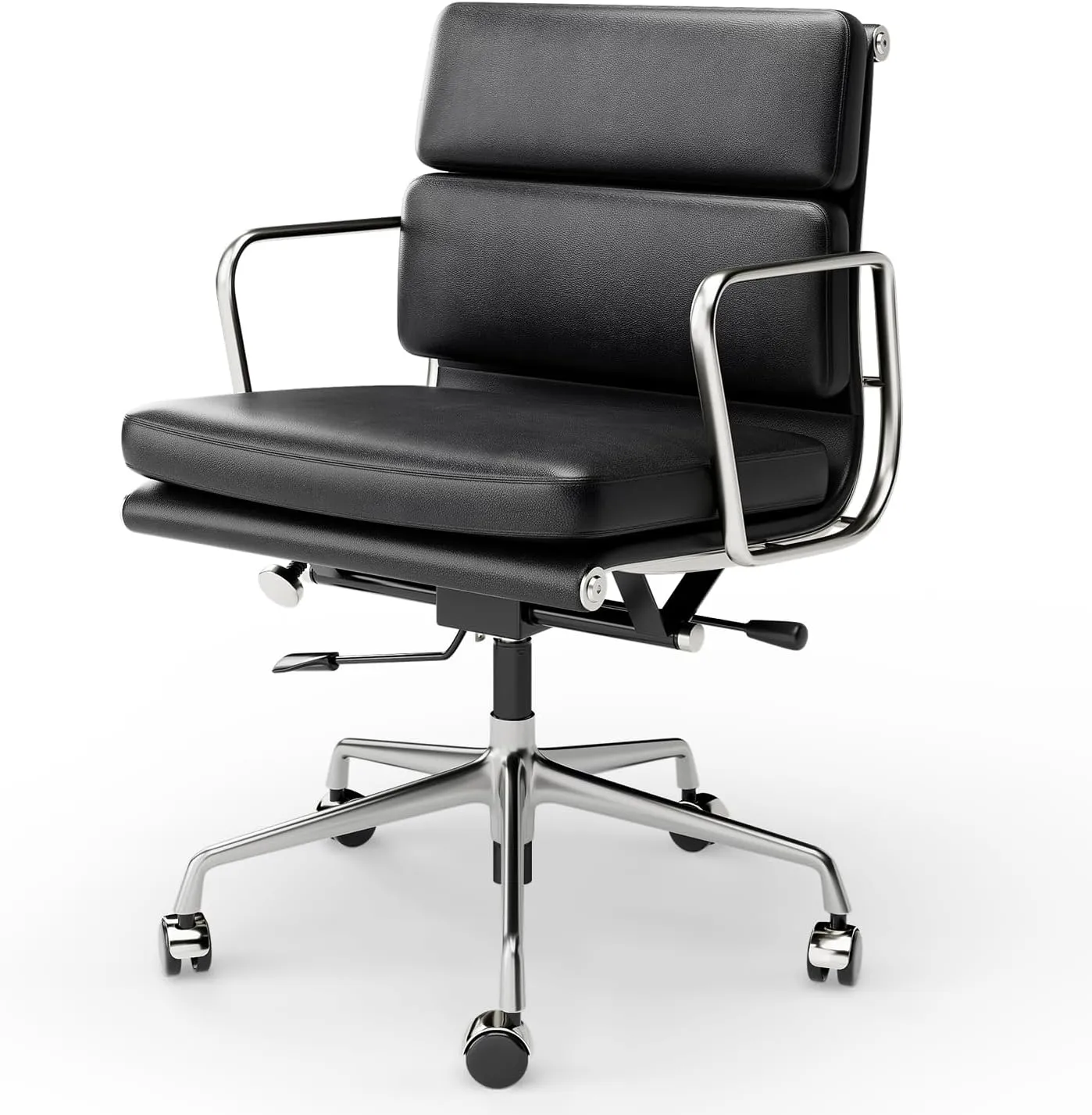Genuine Leather Office Chair, Padded Executive Desk Chair with Arms and Wheels, Modern Rolling Leather Desk Chairs with Lumbar Support, Ergonomic Computer Chairs with Aluminum Arms and Base