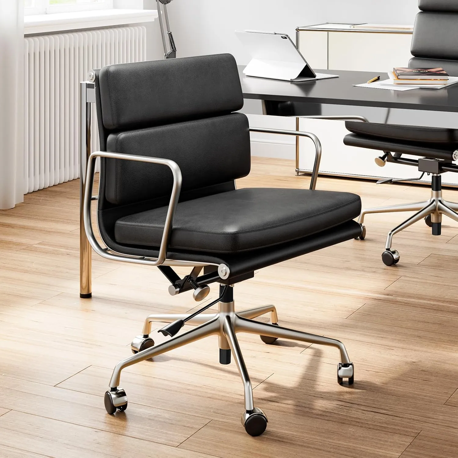 Genuine Leather Office Chair, Padded Executive Desk Chair with Arms and Wheels, Modern Rolling Leather Desk Chairs with Lumbar Support, Ergonomic Computer Chairs with Aluminum Arms and Base