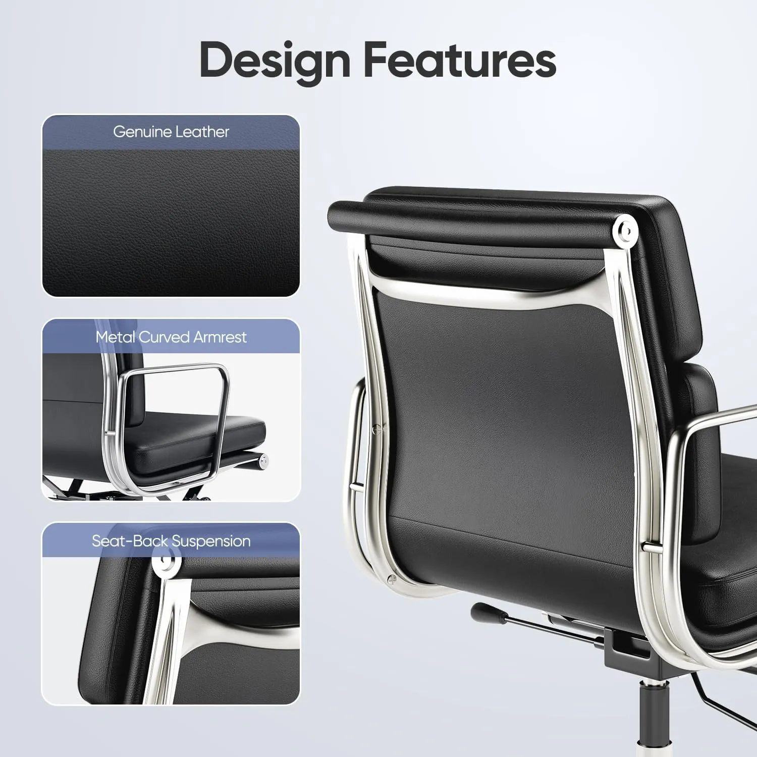 Genuine Leather Office Chair, Padded Executive Desk Chair with Arms and Wheels, Modern Rolling Leather Desk Chairs with Lumbar Support, Ergonomic Computer Chairs with Aluminum Arms and Base
