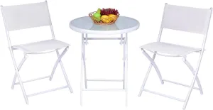 Giantex Bistro Table Set, 3 Piece Patio Bistro Set, Outdoor Folding Table and Chairs, Foldable Patio Dining Set, Porch Furniture Set Garden Backyard Metal Frame No Assembly, White