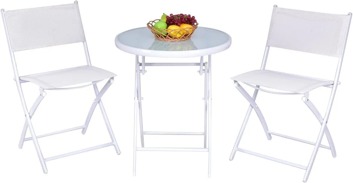 Giantex Bistro Table Set, 3 Piece Patio Bistro Set, Outdoor Folding Table and Chairs, Foldable Patio Dining Set, Porch Furniture Set Garden Backyard Metal Frame No Assembly, White