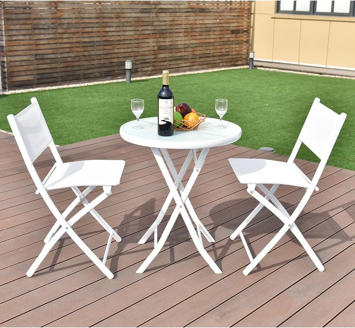 Giantex Bistro Table Set, 3 Piece Patio Bistro Set, Outdoor Folding Table and Chairs, Foldable Patio Dining Set, Porch Furniture Set Garden Backyard Metal Frame No Assembly, White