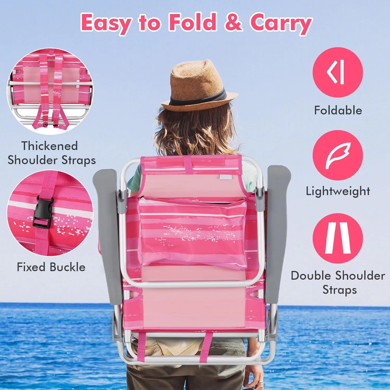 Giantex Folding Beach Chair, Patio Sling Chairs with 5 Adjustable Position, Head Pillow, Storage Bag, Towel Bar, Cup Holders, Backpack Chairs for Sunbathing, Camping Chair