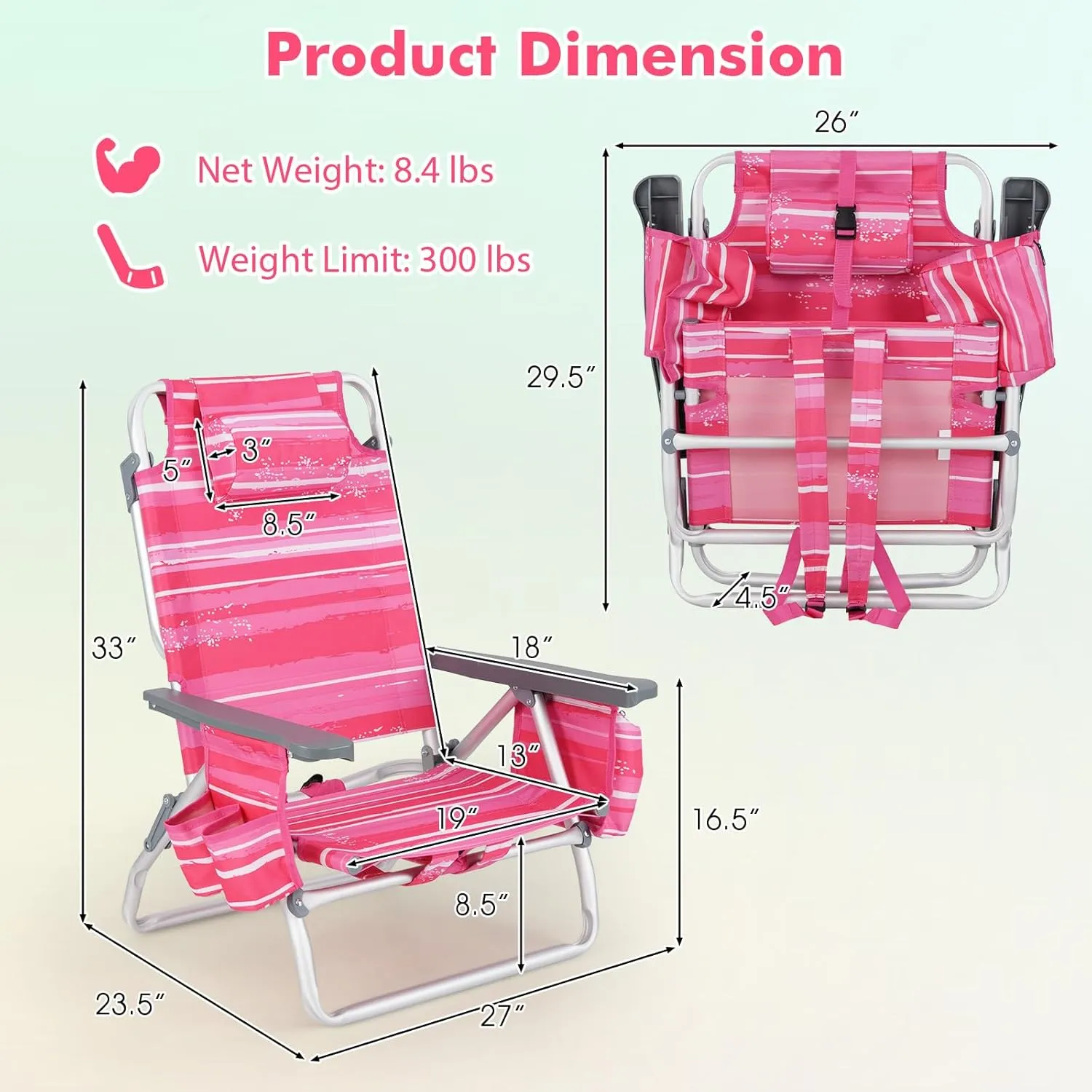 Giantex Folding Beach Chair, Patio Sling Chairs with 5 Adjustable Position, Head Pillow, Storage Bag, Towel Bar, Cup Holders, Backpack Chairs for Sunbathing, Camping Chair