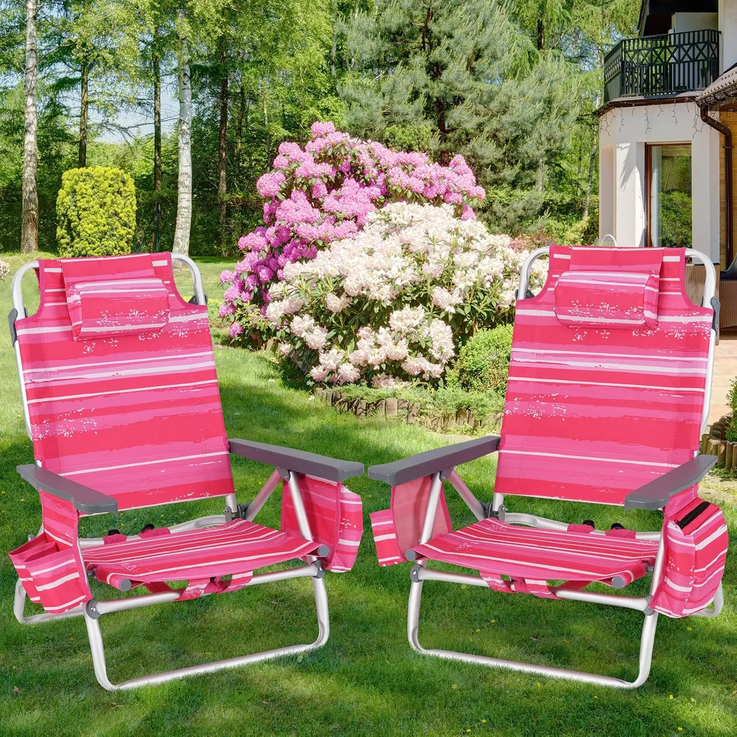 Giantex Folding Beach Chair, Patio Sling Chairs with 5 Adjustable Position, Head Pillow, Storage Bag, Towel Bar, Cup Holders, Backpack Chairs for Sunbathing, Camping Chair