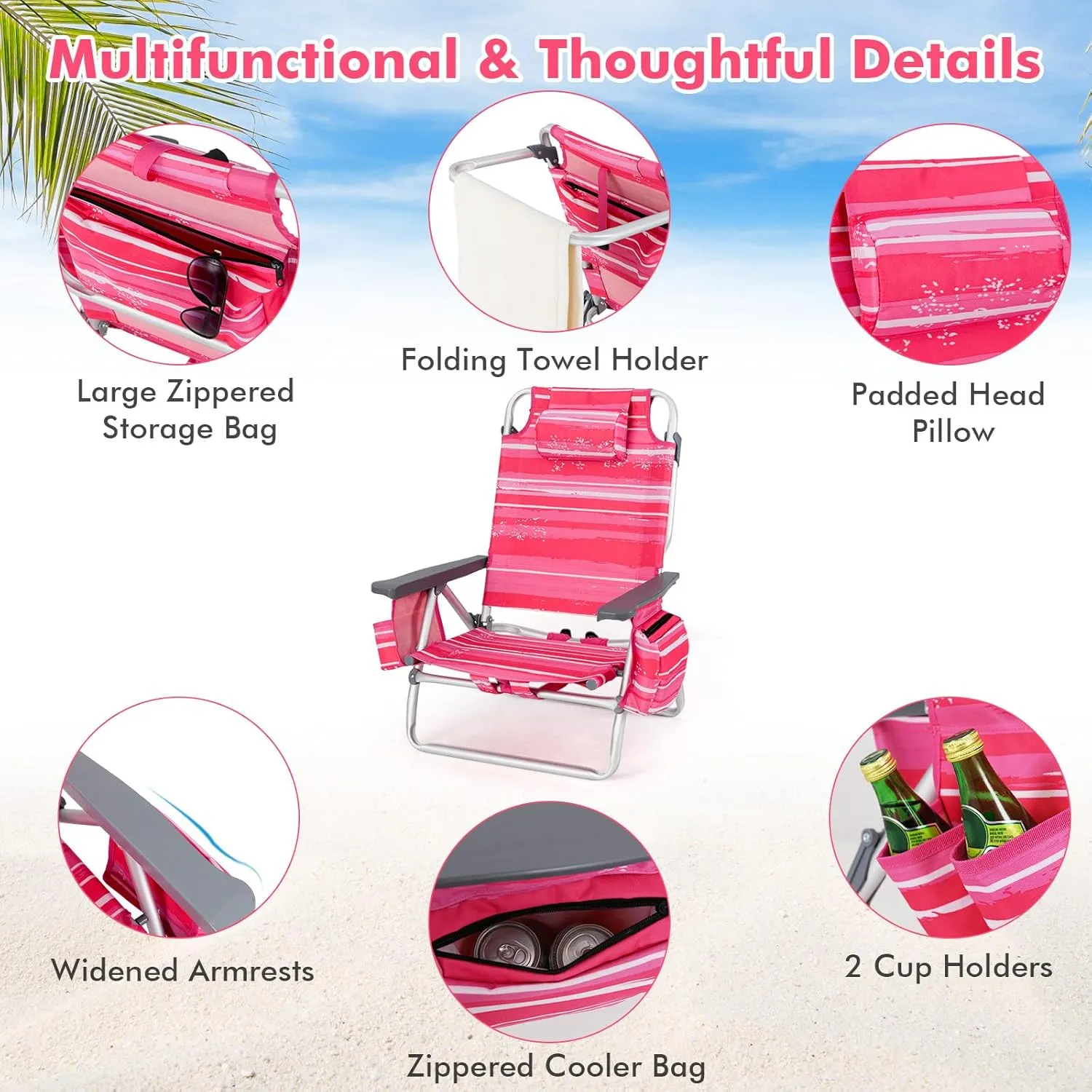 Giantex Folding Beach Chair, Patio Sling Chairs with 5 Adjustable Position, Head Pillow, Storage Bag, Towel Bar, Cup Holders, Backpack Chairs for Sunbathing, Camping Chair