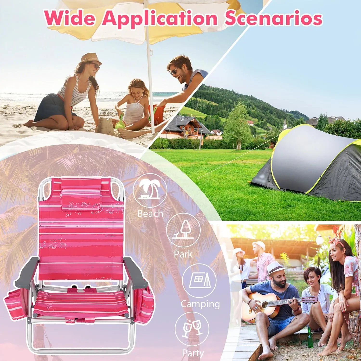 Giantex Folding Beach Chair, Patio Sling Chairs with 5 Adjustable Position, Head Pillow, Storage Bag, Towel Bar, Cup Holders, Backpack Chairs for Sunbathing, Camping Chair