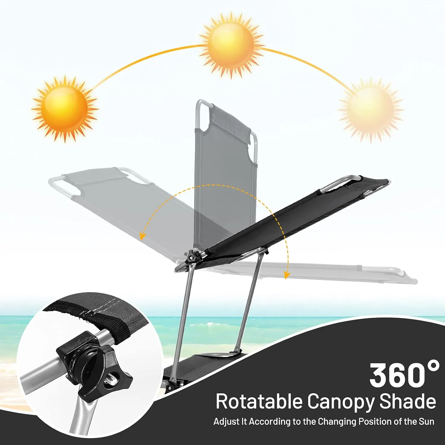 Giantex Outdoor Folding Chaise Lounge, Portable Tanning Chair with 5 Adjustable Positions, 360° Canopy Shade, Storage Pocket, Patio Lounge Chair for Beach, Lawn Sunbathing Chair(1, Black)
