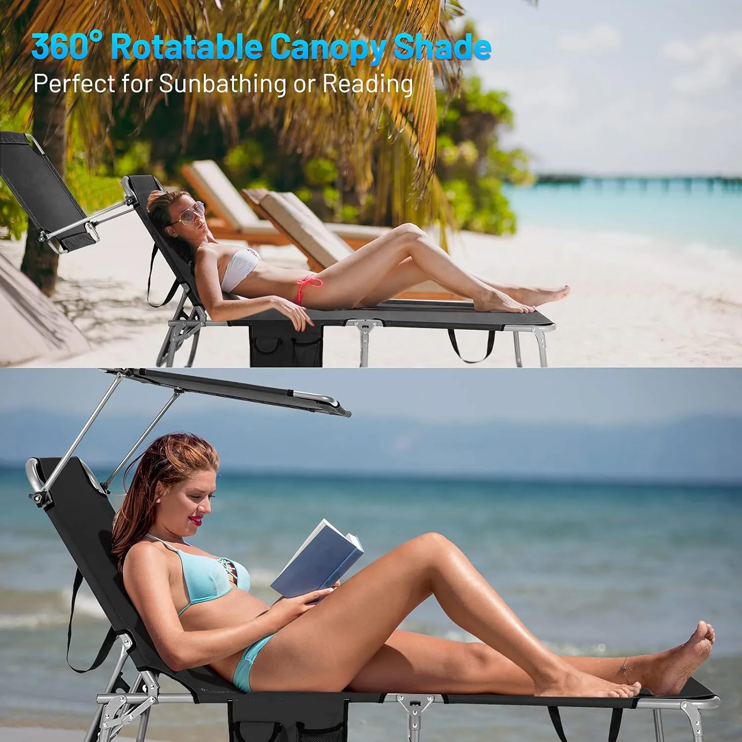Giantex Outdoor Folding Chaise Lounge, Portable Tanning Chair with 5 Adjustable Positions, 360° Canopy Shade, Storage Pocket, Patio Lounge Chair for Beach, Lawn Sunbathing Chair(1, Black)