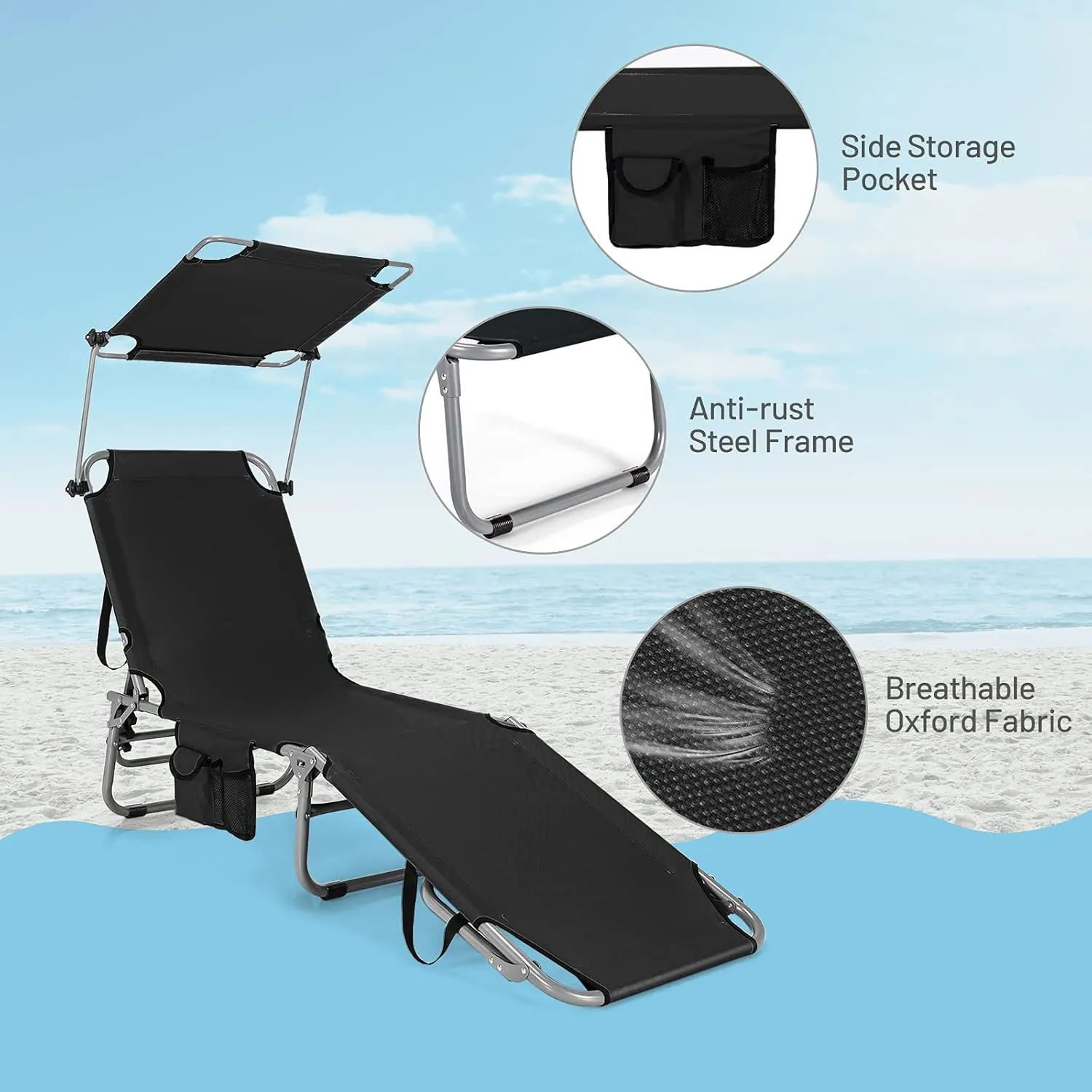 Giantex Outdoor Folding Chaise Lounge, Portable Tanning Chair with 5 Adjustable Positions, 360° Canopy Shade, Storage Pocket, Patio Lounge Chair for Beach, Lawn Sunbathing Chair(1, Black)