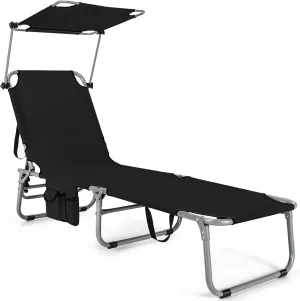 Giantex Outdoor Folding Chaise Lounge, Portable Tanning Chair with 5 Adjustable Positions, 360° Canopy Shade, Storage Pocket, Patio Lounge Chair for Beach, Lawn Sunbathing Chair(1, Black)