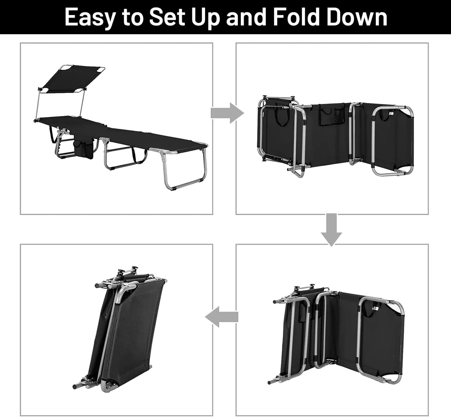 Giantex Outdoor Folding Chaise Lounge, Portable Tanning Chair with 5 Adjustable Positions, 360° Canopy Shade, Storage Pocket, Patio Lounge Chair for Beach, Lawn Sunbathing Chair(1, Black)