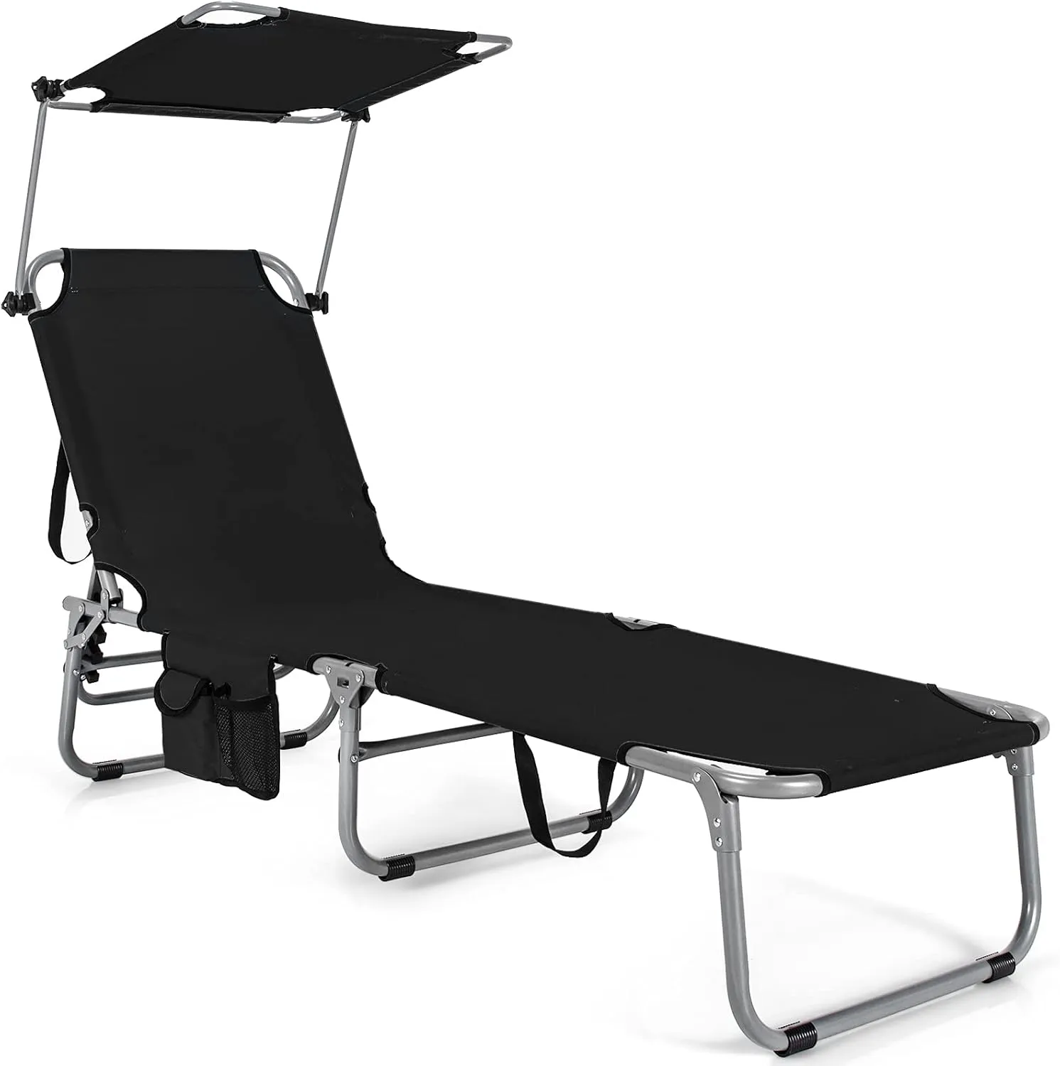 Giantex Outdoor Folding Chaise Lounge, Portable Tanning Chair with 5 Adjustable Positions, 360° Canopy Shade, Storage Pocket, Patio Lounge Chair for Beach, Lawn Sunbathing Chair(1, Black)