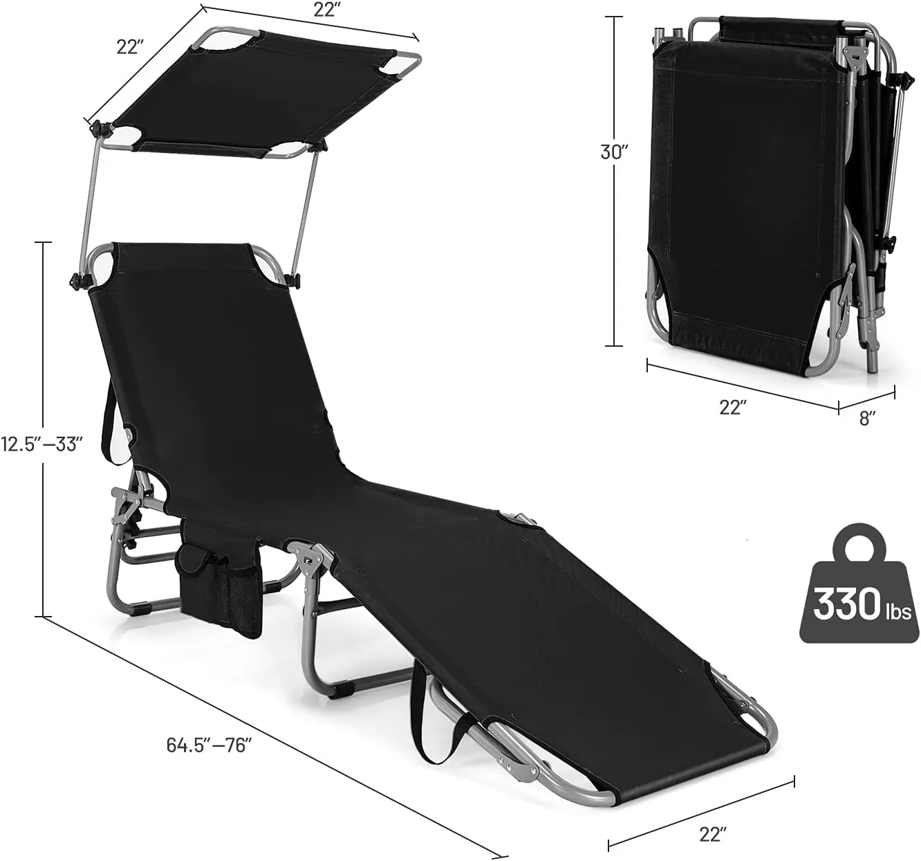 Giantex Outdoor Folding Chaise Lounge, Portable Tanning Chair with 5 Adjustable Positions, 360° Canopy Shade, Storage Pocket, Patio Lounge Chair for Beach, Lawn Sunbathing Chair(1, Black)