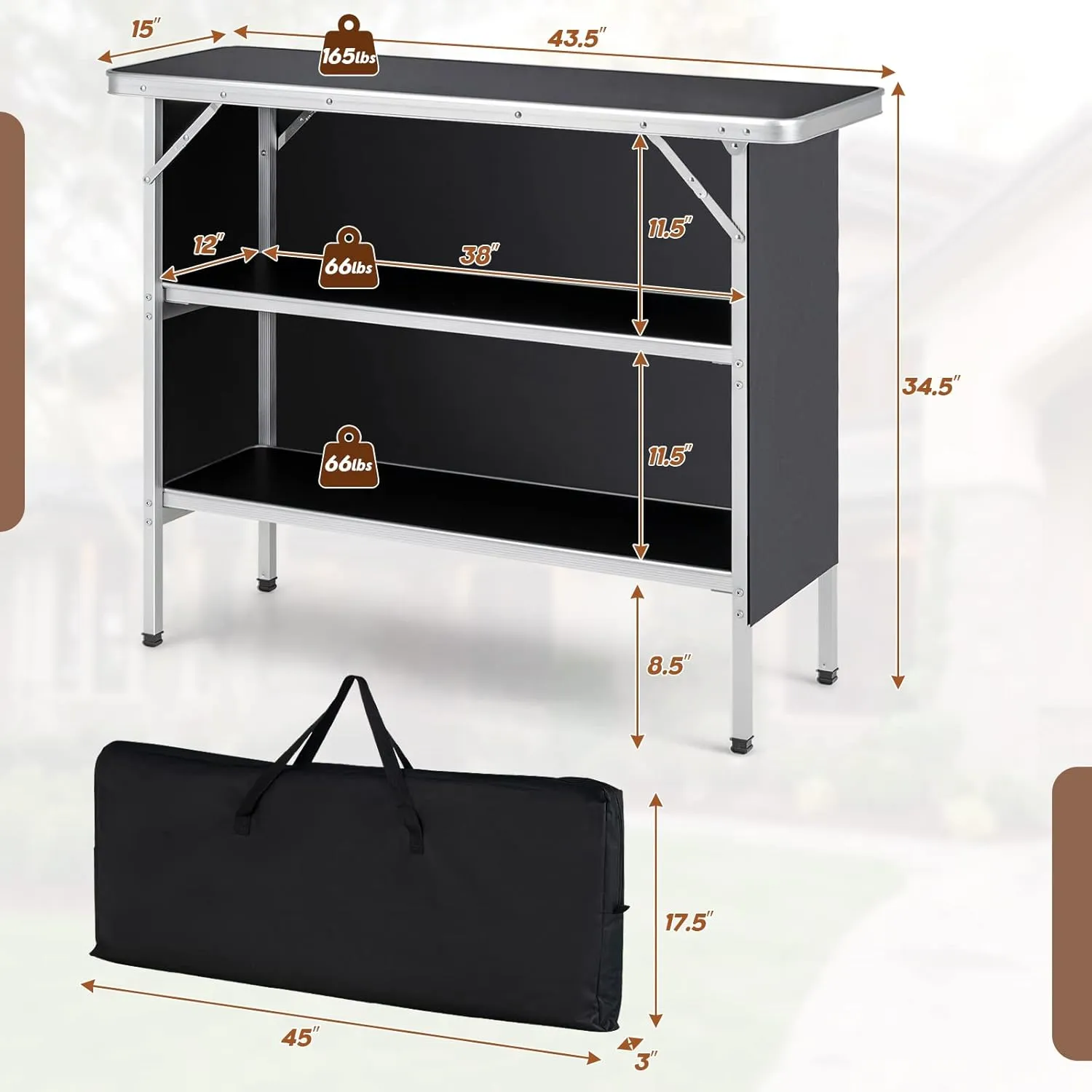 Giantex Portable Bar Table for Events, Folding Mobile Bartending Station with Storage Shelves, Removable Privacy Skirt, Carrying Case, for Parties, Catering, Trade Shows (Black, 43.5''L x 34.5''H)