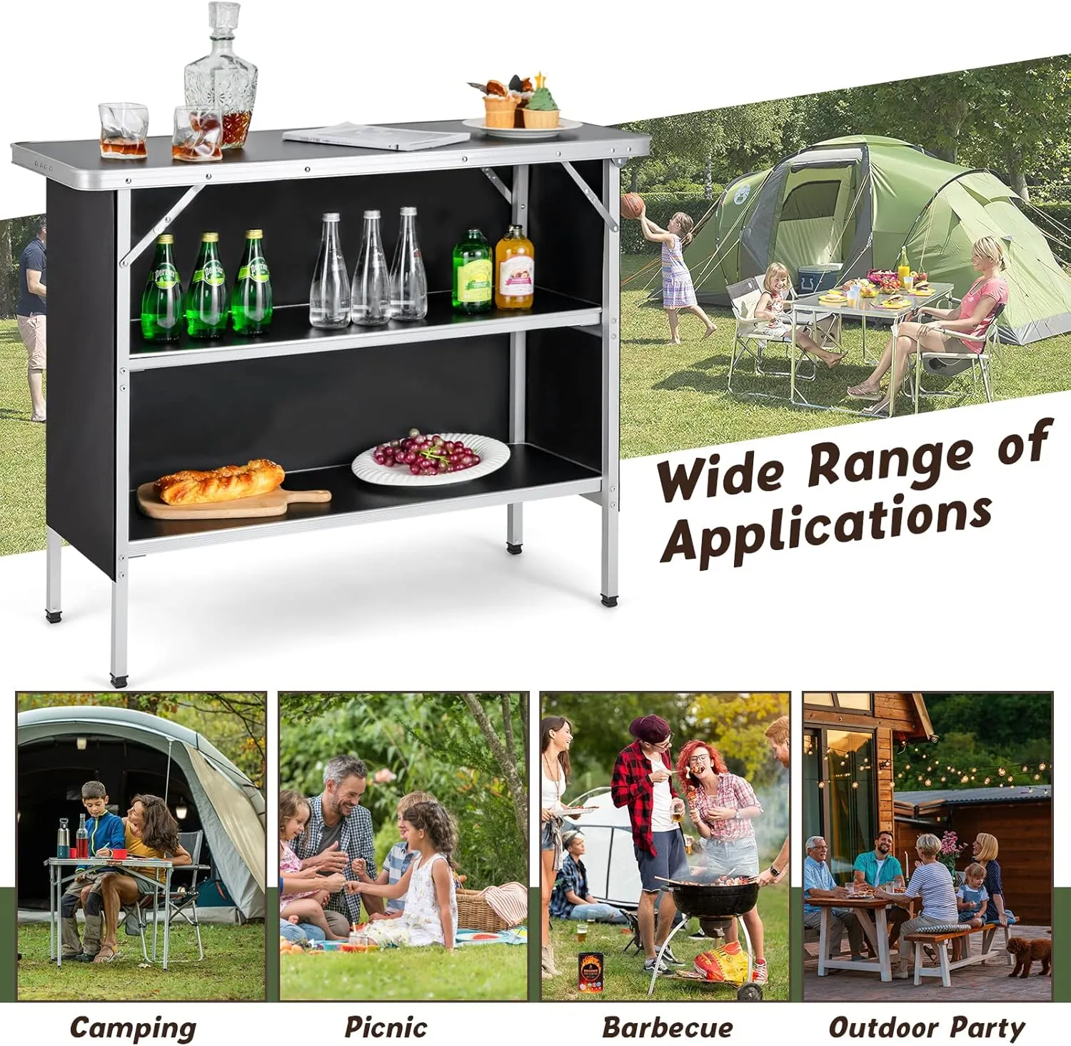 Giantex Portable Bar Table for Events, Folding Mobile Bartending Station with Storage Shelves, Removable Privacy Skirt, Carrying Case, for Parties, Catering, Trade Shows (Black, 43.5''L x 34.5''H)