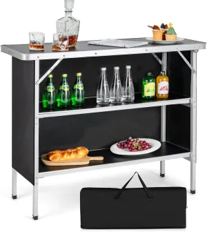 Giantex Portable Bar Table for Events, Folding Mobile Bartending Station with Storage Shelves, Removable Privacy Skirt, Carrying Case, for Parties, Catering, Trade Shows (Black, 43.5''L x 34.5''H)
