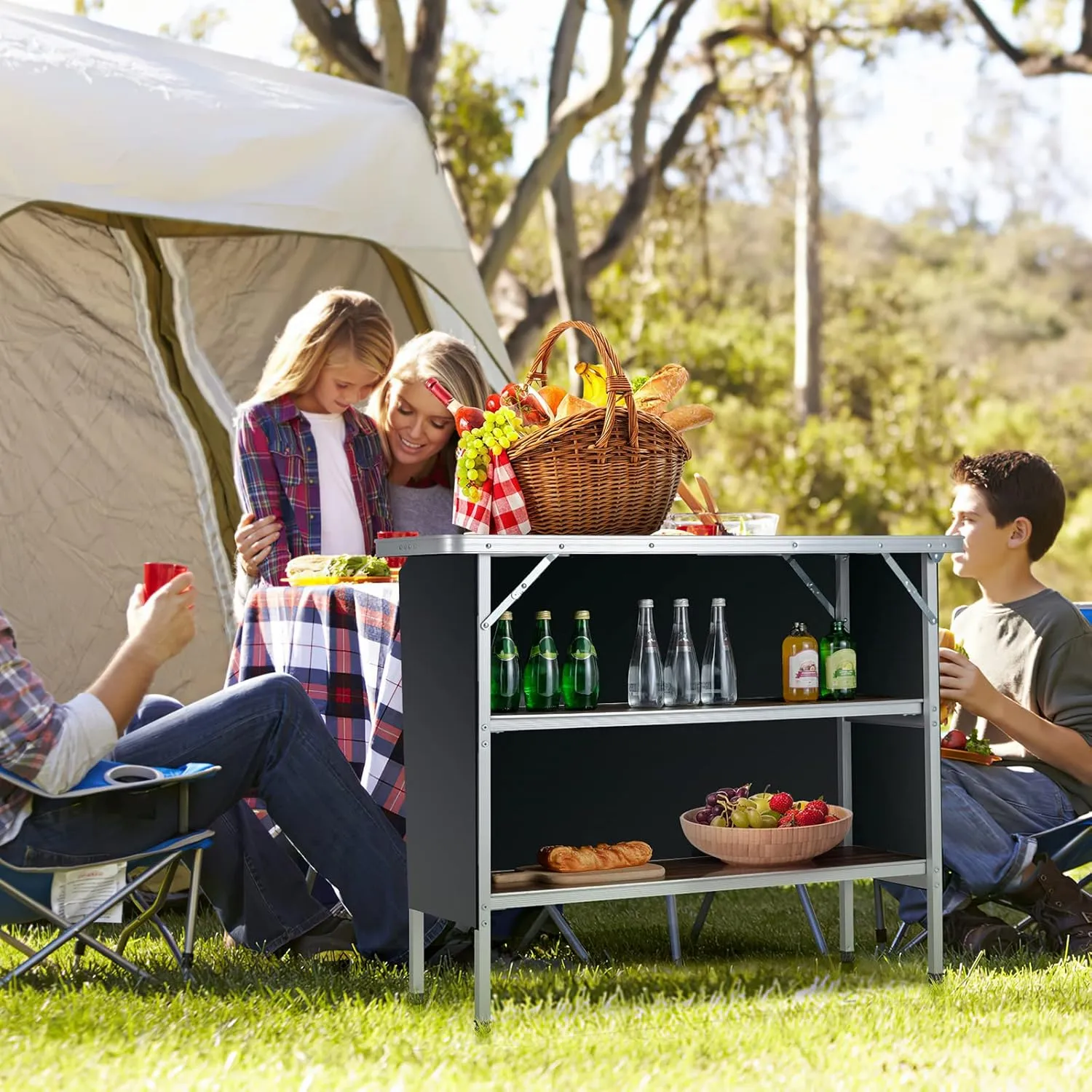 Giantex Portable Bar Table for Events, Folding Mobile Bartending Station with Storage Shelves, Removable Privacy Skirt, Carrying Case, for Parties, Catering, Trade Shows (Coffee, 43.5''L x 34.5''H)