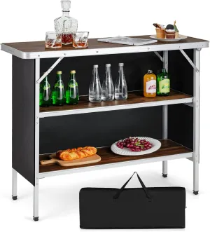 Giantex Portable Bar Table for Events, Folding Mobile Bartending Station with Storage Shelves, Removable Privacy Skirt, Carrying Case, for Parties, Catering, Trade Shows (Coffee, 43.5''L x 34.5''H)