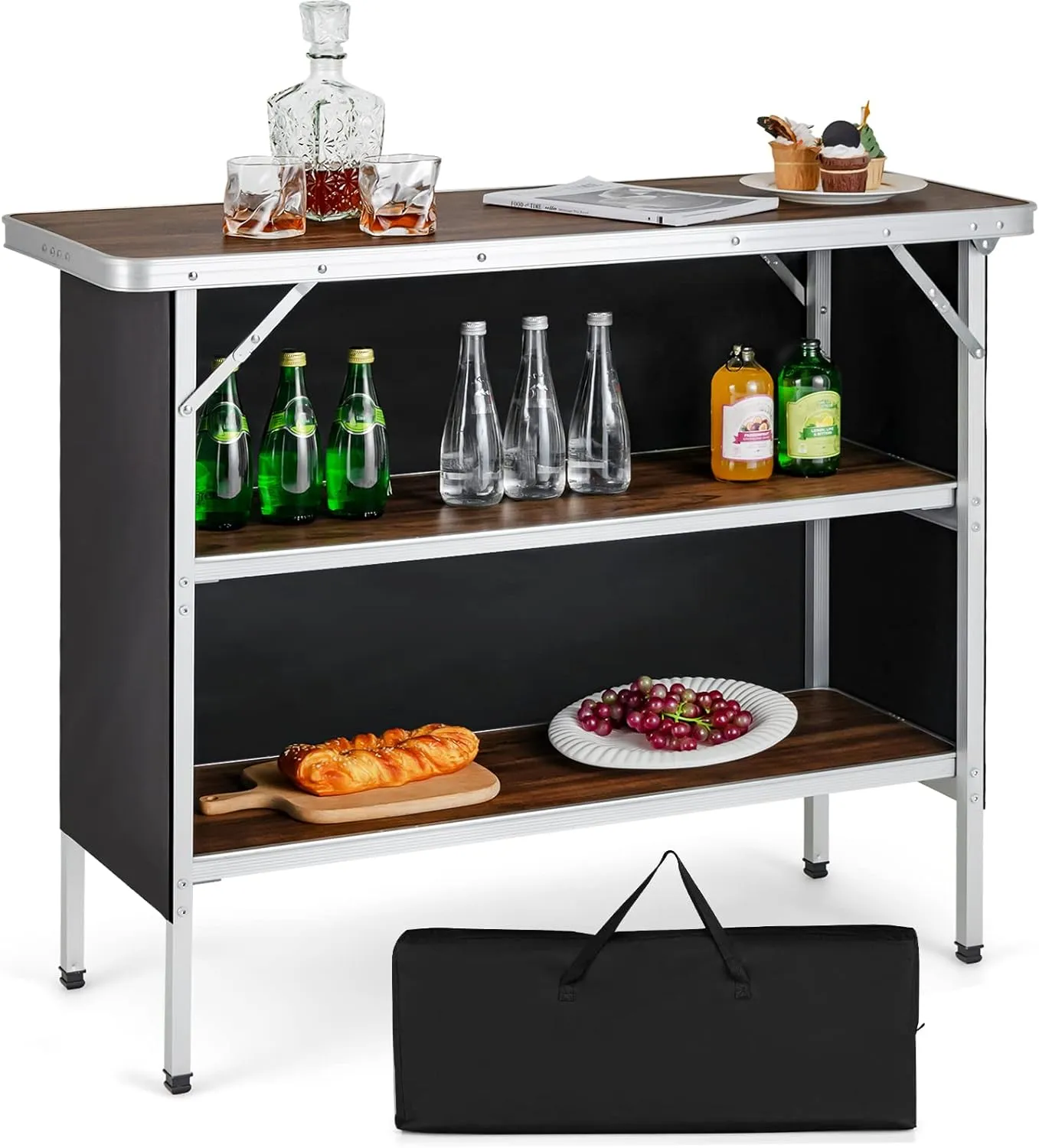 Giantex Portable Bar Table for Events, Folding Mobile Bartending Station with Storage Shelves, Removable Privacy Skirt, Carrying Case, for Parties, Catering, Trade Shows (Coffee, 43.5''L x 34.5''H)