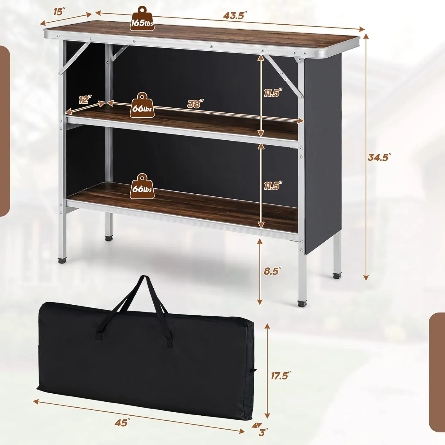 Giantex Portable Bar Table for Events, Folding Mobile Bartending Station with Storage Shelves, Removable Privacy Skirt, Carrying Case, for Parties, Catering, Trade Shows (Coffee, 43.5''L x 34.5''H)