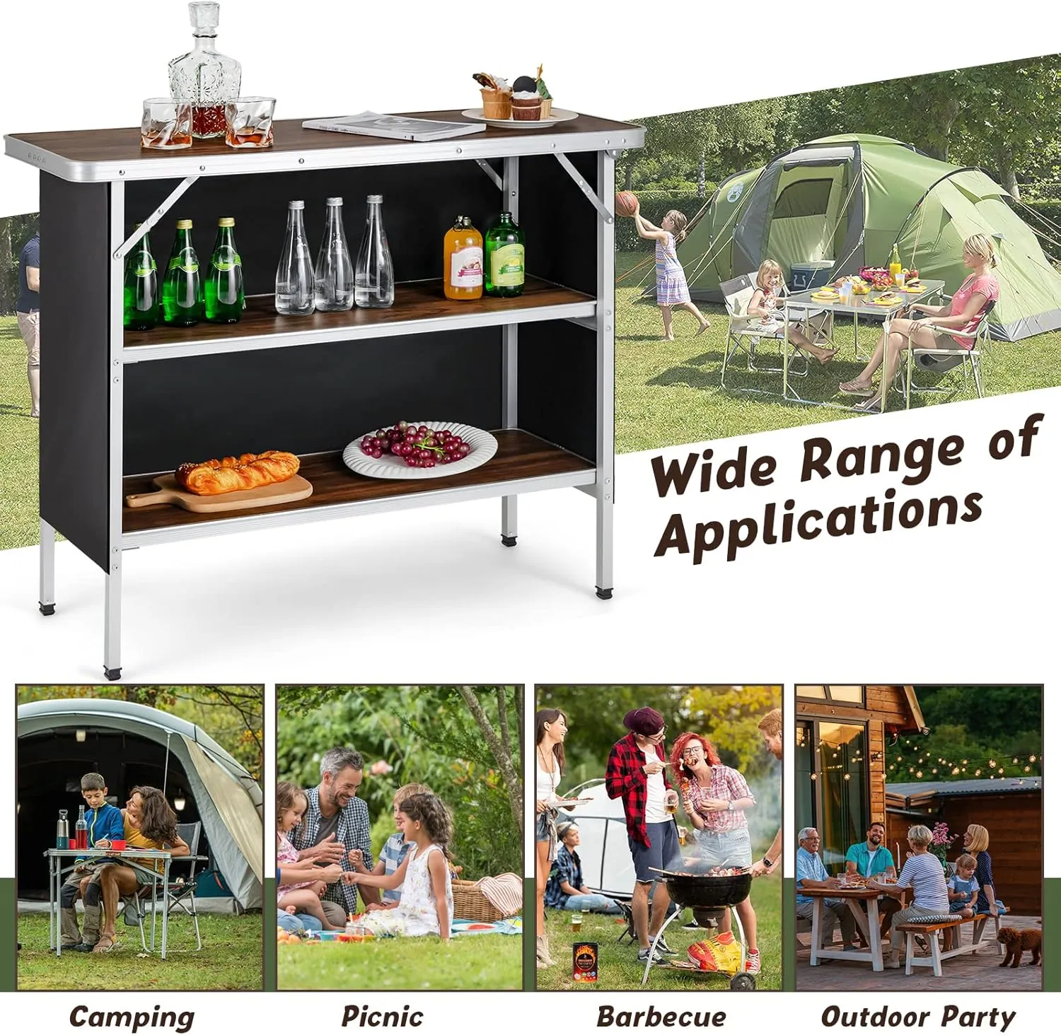 Giantex Portable Bar Table for Events, Folding Mobile Bartending Station with Storage Shelves, Removable Privacy Skirt, Carrying Case, for Parties, Catering, Trade Shows (Coffee, 43.5''L x 34.5''H)